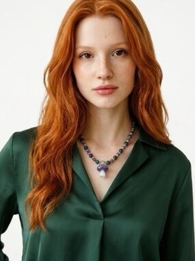 Handcrafted Whimsical Glass Mushroom Necklace - Galaxy Tigers Eye - Silver - 22”